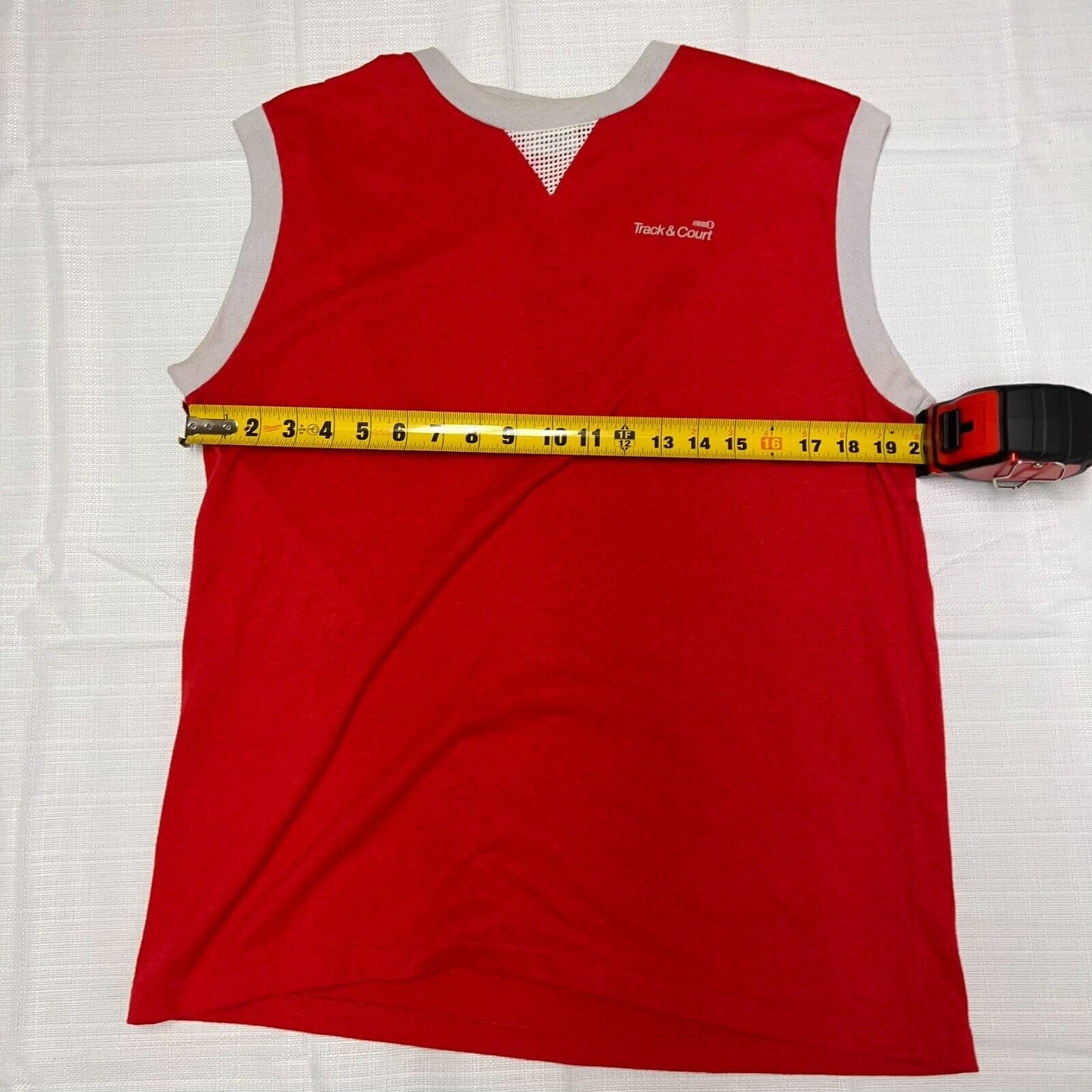 Vintage Red 1980s "Track & Court" Sleeveless Shirt (Large)