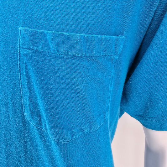 Distressed Vintage 1990s Jockey Made in USA Blank Teal Pocket T-Shirt (L)