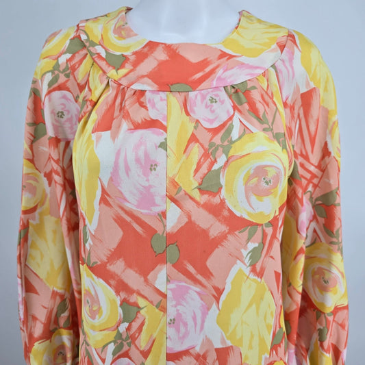 Vintage 1970s Unbranded Abstract Floral Print Long Sleeve Maxi Dress (Size 12/L)