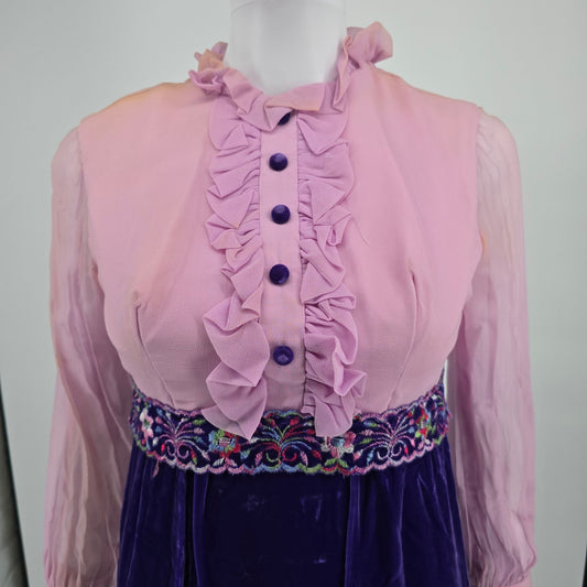 Distressed Vintage 1970s Pink Chiffon/Purple Velvet Metal Zip Empire Dress (XS)
