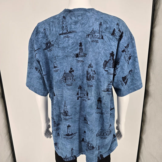 Vintage Deadstock 1990s Art Unlimited Great Lakes Lighthouses AOP T-Shirt (XXL)