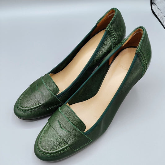 Ancarani Made in Spain Green Leather Womens Block Heel Loafers Size 35 (US 4.5)
