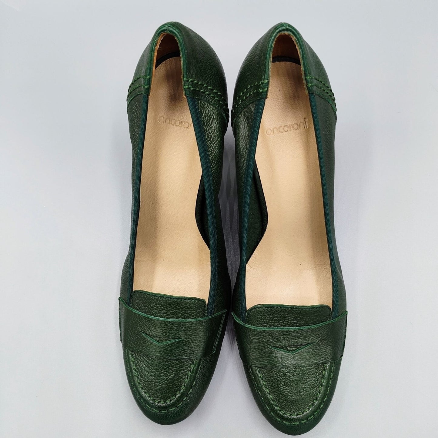 Ancarani Made in Spain Green Leather Womens Block Heel Loafers Size 35 (US 4.5)