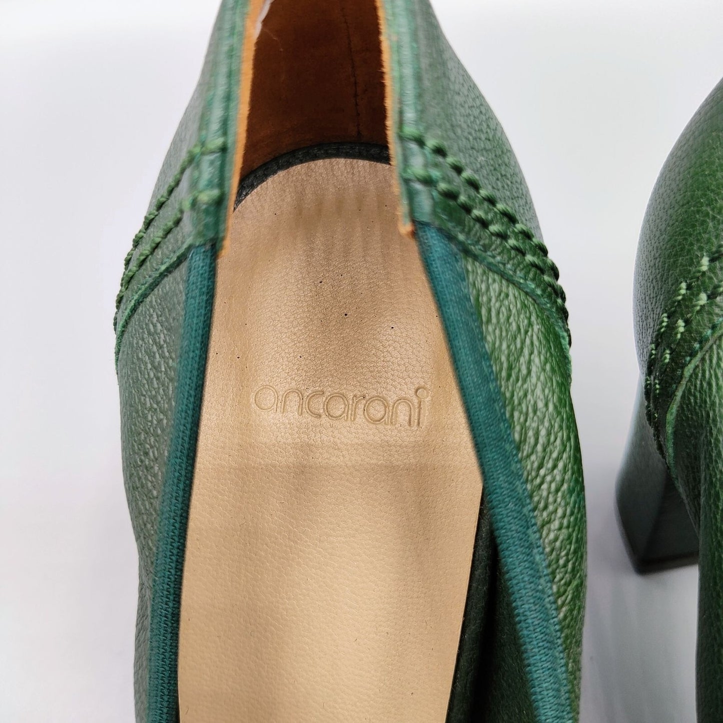 Ancarani Made in Spain Green Leather Womens Block Heel Loafers Size 35 (US 4.5)