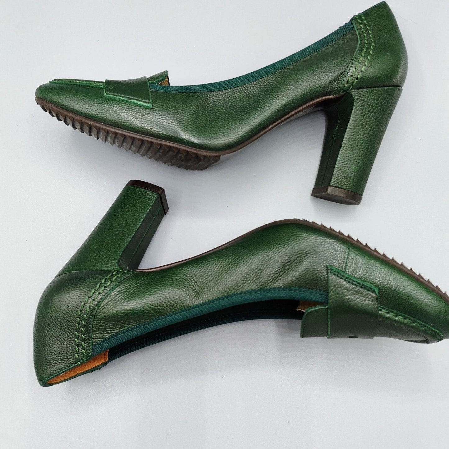 Ancarani Made in Spain Green Leather Womens Block Heel Loafers Size 35 (US 4.5)