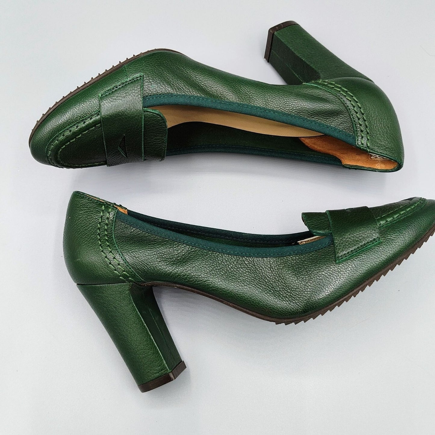 Ancarani Made in Spain Green Leather Womens Block Heel Loafers Size 35 (US 4.5)