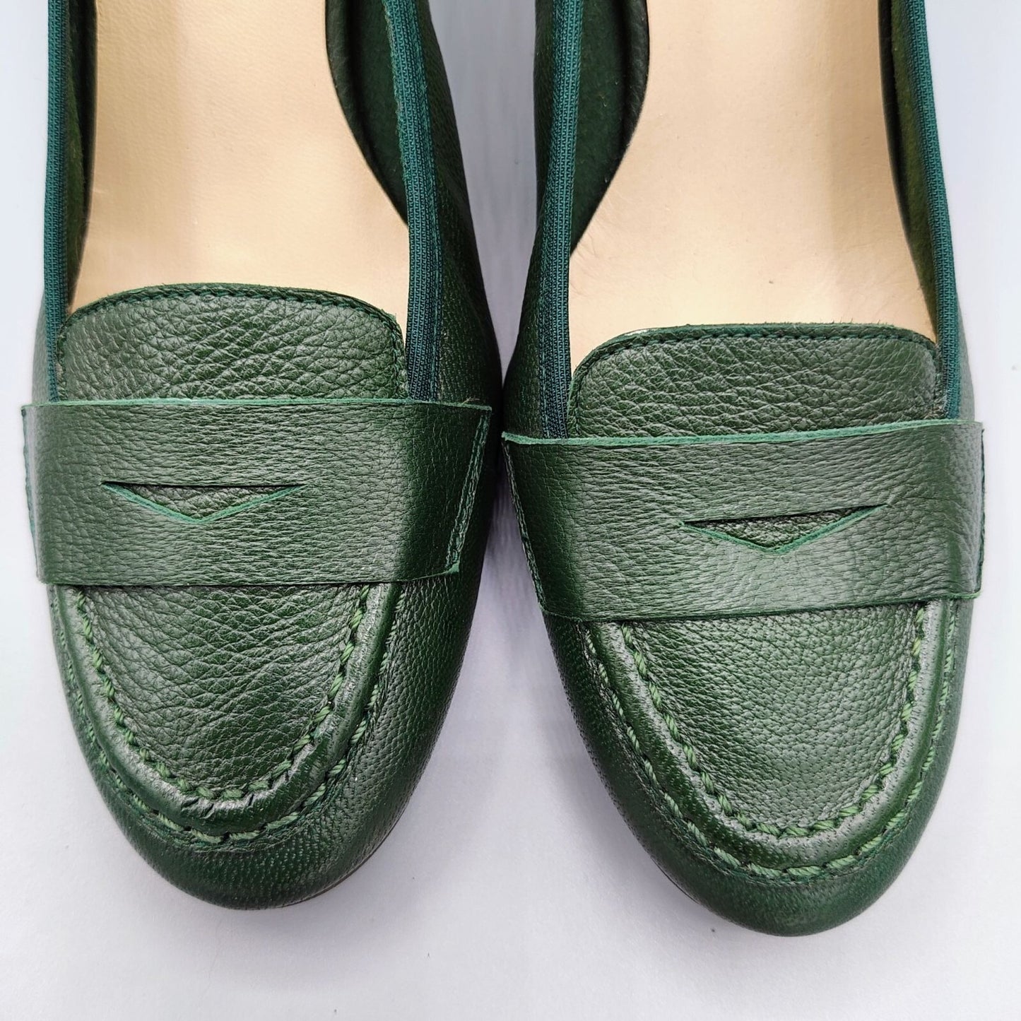 Ancarani Made in Spain Green Leather Womens Block Heel Loafers Size 35 (US 4.5)