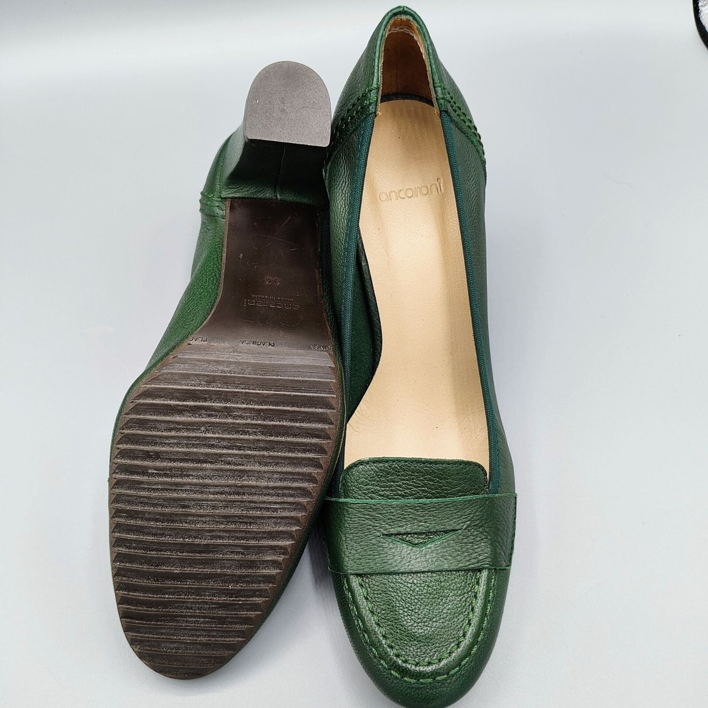 Ancarani Made in Spain Green Leather Womens Block Heel Loafers Size 35 (US 4.5)