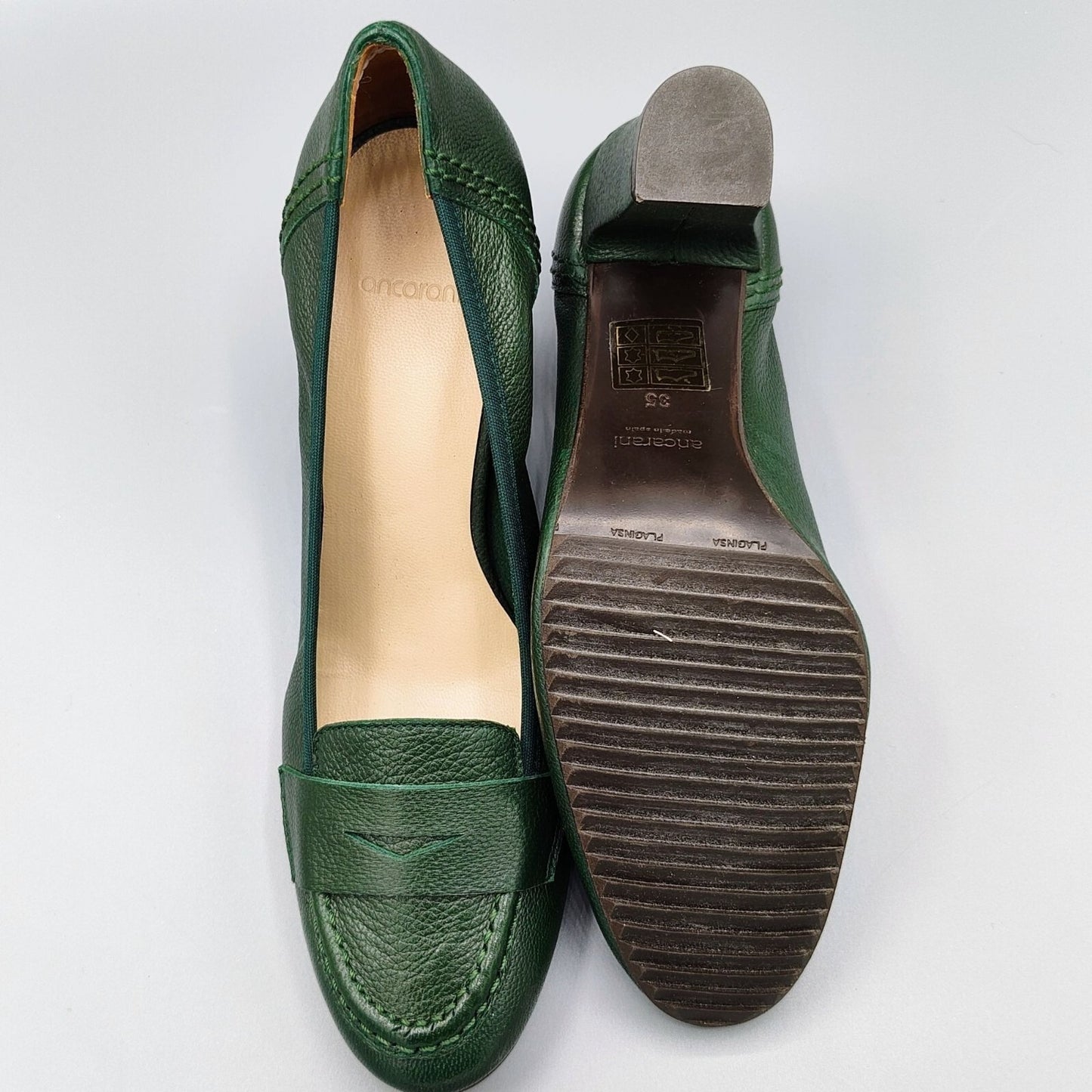 Ancarani Made in Spain Green Leather Womens Block Heel Loafers Size 35 (US 4.5)