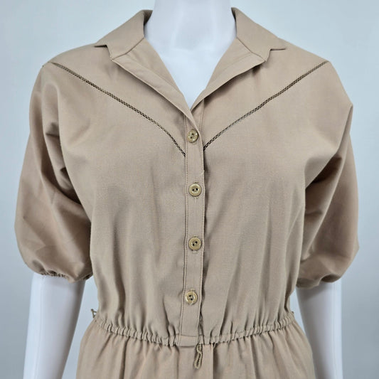Vintage 1970s Toni Todd Khaki Elastic Waist Union Made Shirtwaist Midi Dress (M)