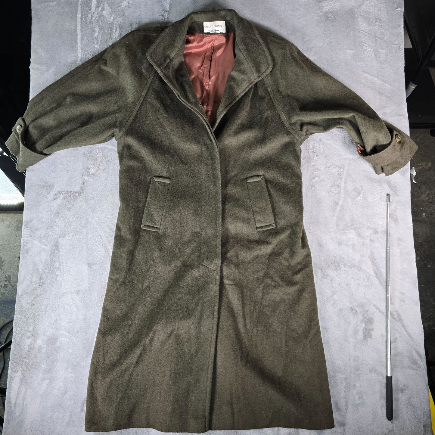 Vintage 1980s Casual Corner Oversized Wool Blend Olive Green Long Coat (Size 10)