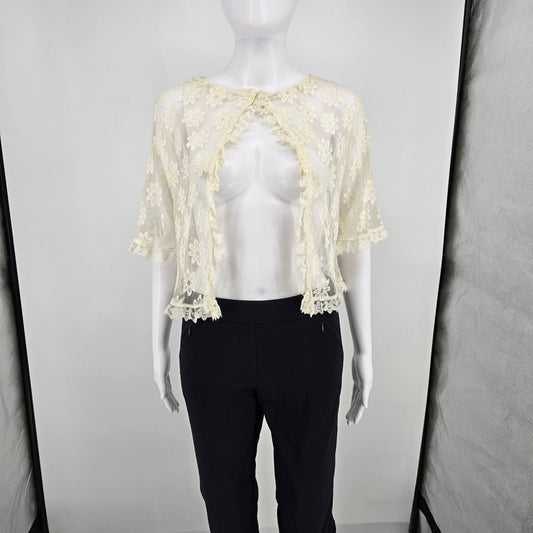 Vintage 1990s Unbranded Mesh Lace Daisy Embroidered Open Front Coverup (L) *Fair