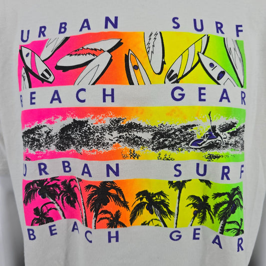 Vintage 1980s Urban Gear Urban Surf Beach Gear Cropped Neon T-Shirt (L/XL)