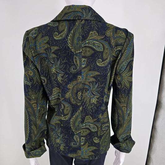 2000s Harvé Benard Women's Navy & Olive Paisley Print Blazer Jacket (Small)