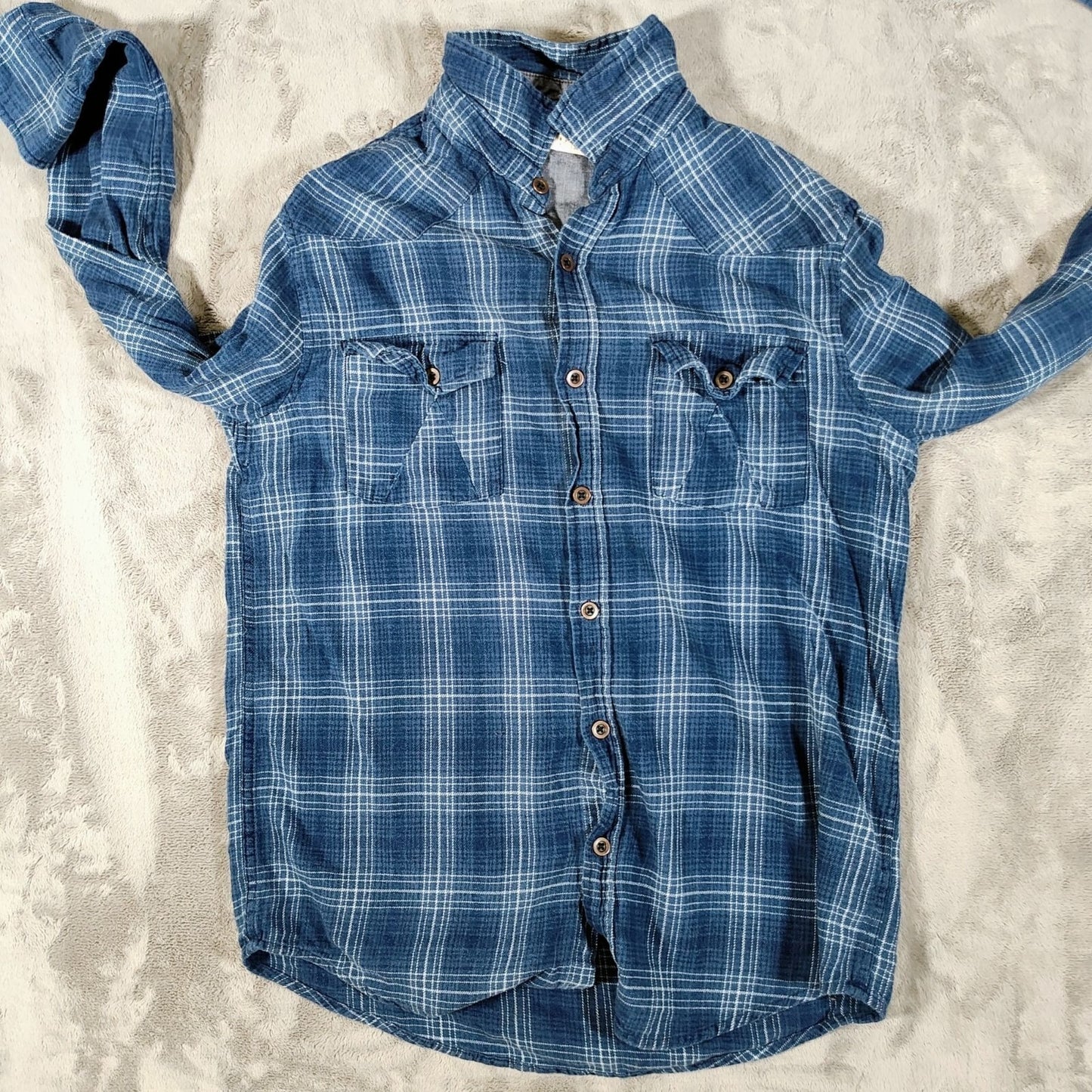 RF Brand MFG Mens Blue Plaid Long Sleeve Button-Up Flannel Shirt (Small)