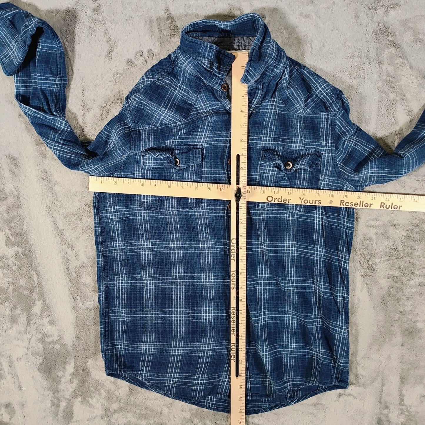 RF Brand MFG Mens Blue Plaid Long Sleeve Button-Up Flannel Shirt (Small)