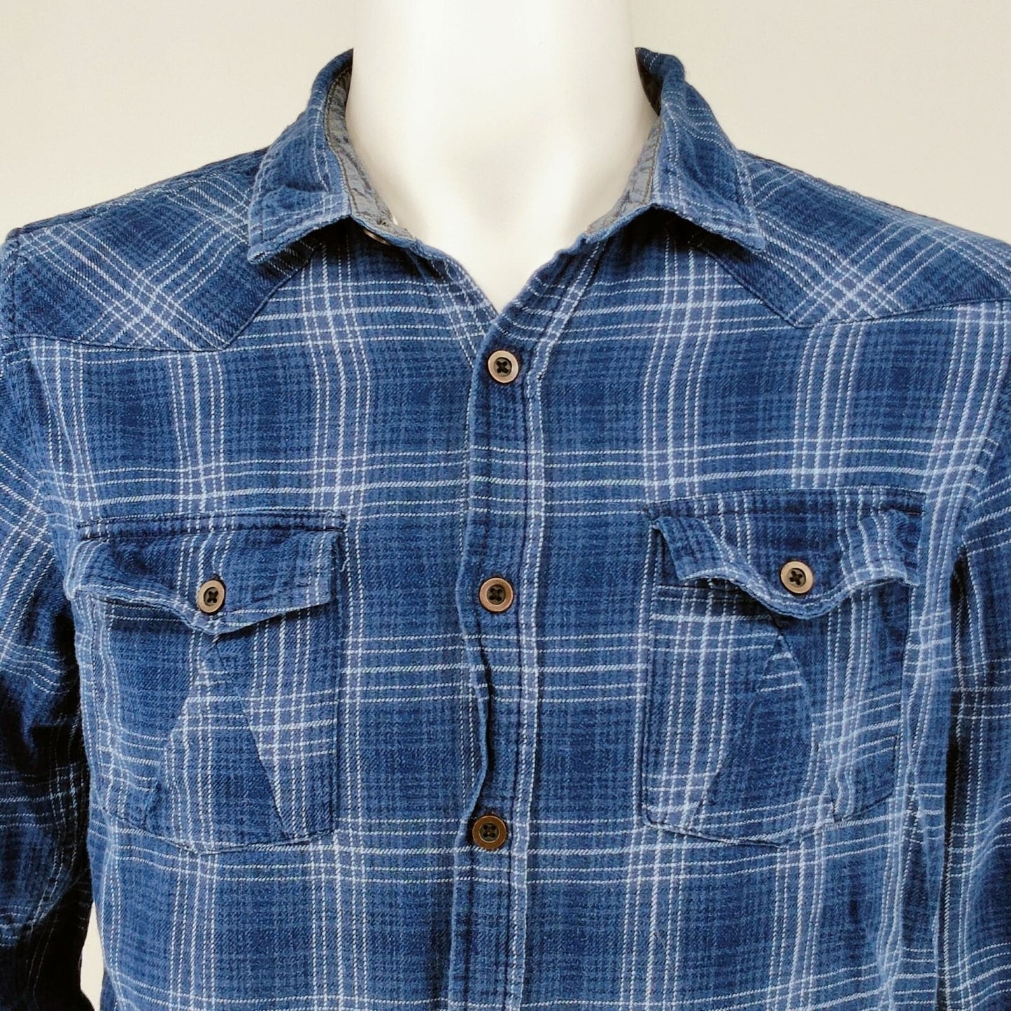 RF Brand MFG Mens Blue Plaid Long Sleeve Button-Up Flannel Shirt (Small)