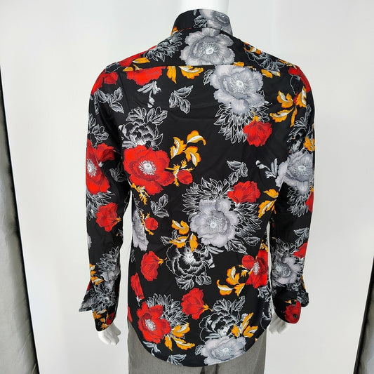 Euow Mens Floral Long Sleeve Black, Red, Gray, and Yellow Hawaiian Shirt (S)