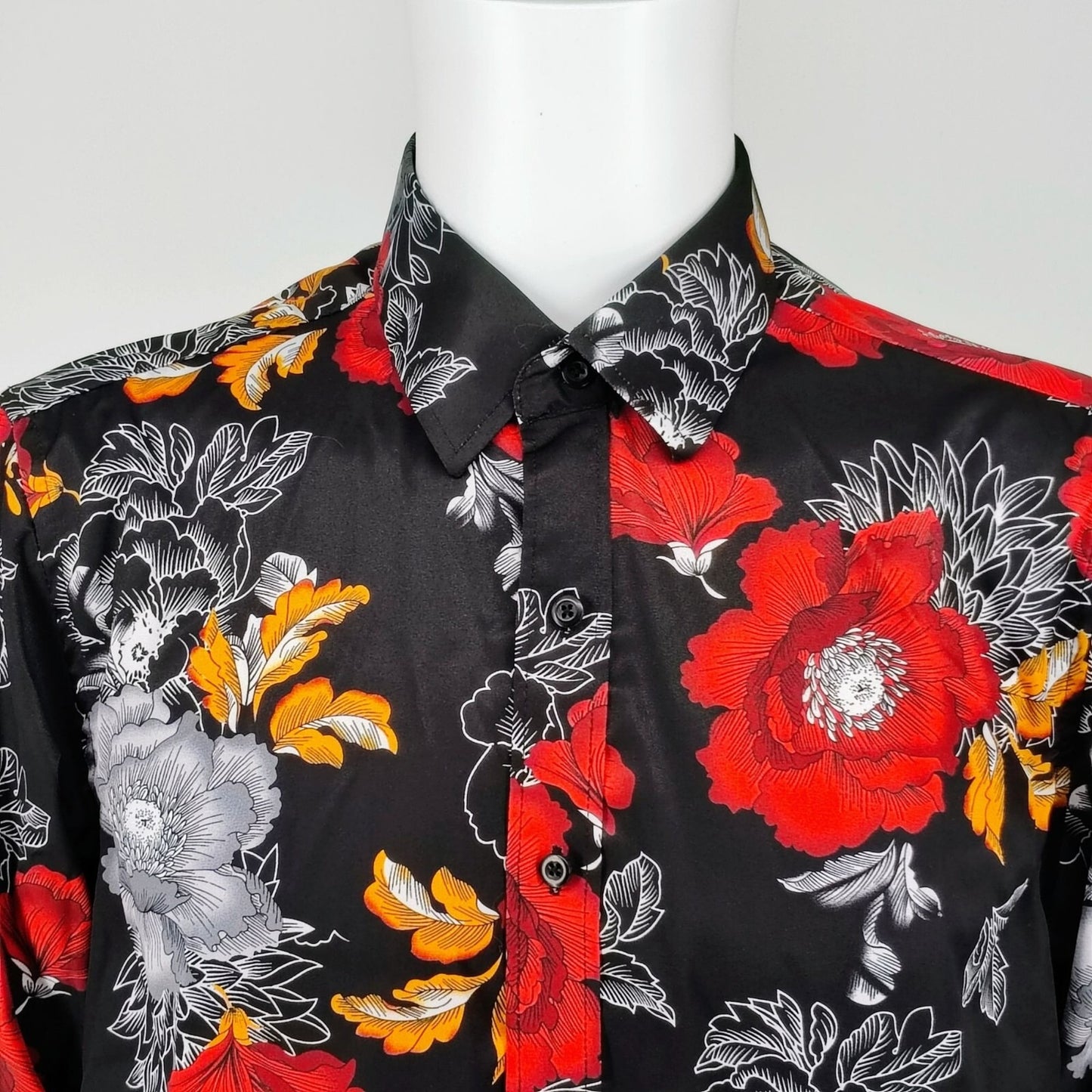 Euow Mens Floral Long Sleeve Black, Red, Gray, and Yellow Hawaiian Shirt (S)