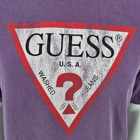 Y2K 2000s Guess Jeans Distressed Triangle Logo Purple Graphic T-Shirt (Medium)