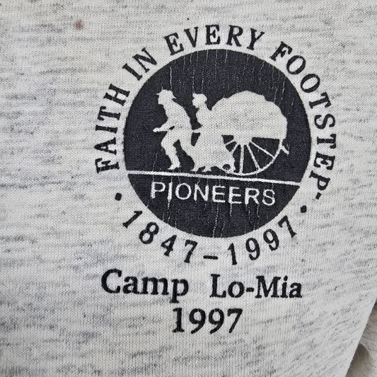 Vintage 1997 Mormon Camp Lo-Mia Pioneers "Faith in Every Footstep" T-Shirt (XL)