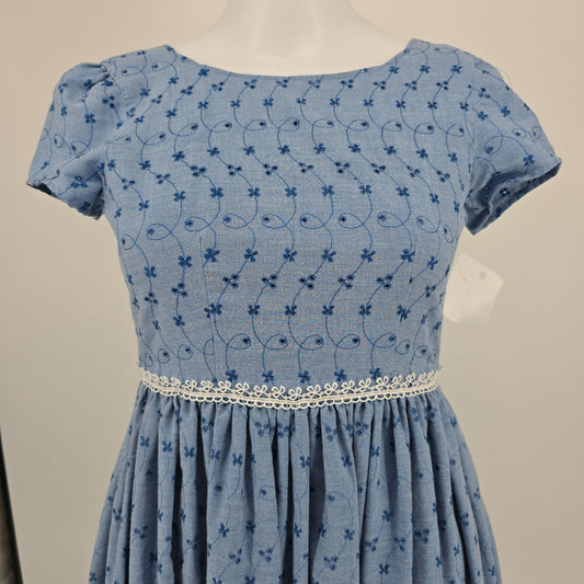 Vintage 1970s Blue Chambray Embroidered Eyelet Empire Waist Midi Dress (XS)