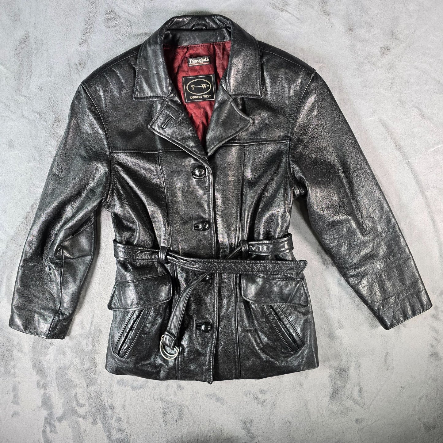 Vintage 1990s Tannery West 3M Thinsulate Lined Black Leather Belted Jacket (M)