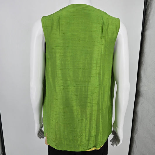Vintage 1990s Unisex Lime Green/Chartreuse Slubbed Silk Open Front Boho Vest (M)