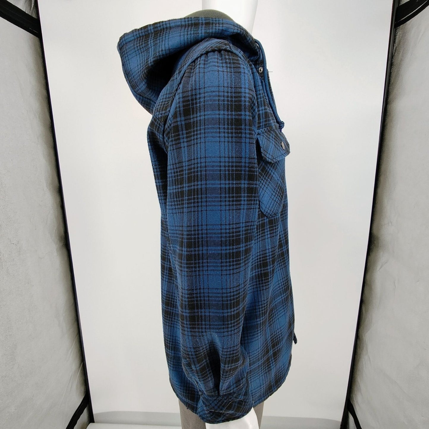 Dickies Men's Blue Plaid Fleece-Lined Canvas Hooded Shirt Jacket (S 34-36)