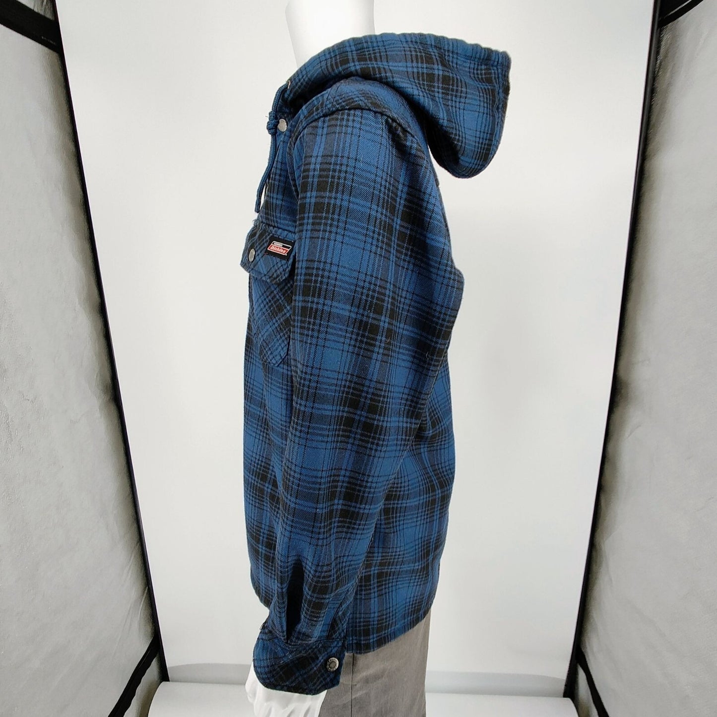 Dickies Men's Blue Plaid Fleece-Lined Canvas Hooded Shirt Jacket (S 34-36)