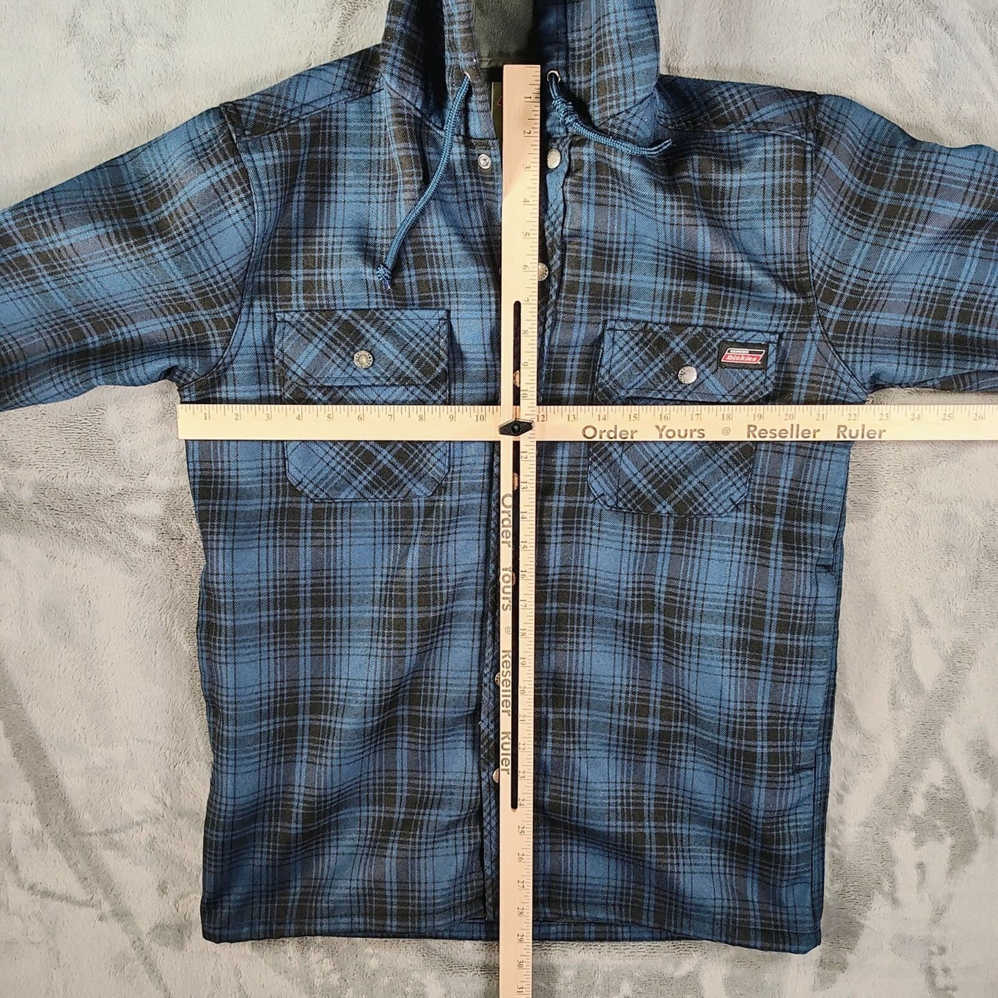 Dickies Men's Blue Plaid Fleece-Lined Canvas Hooded Shirt Jacket (S 34-36)