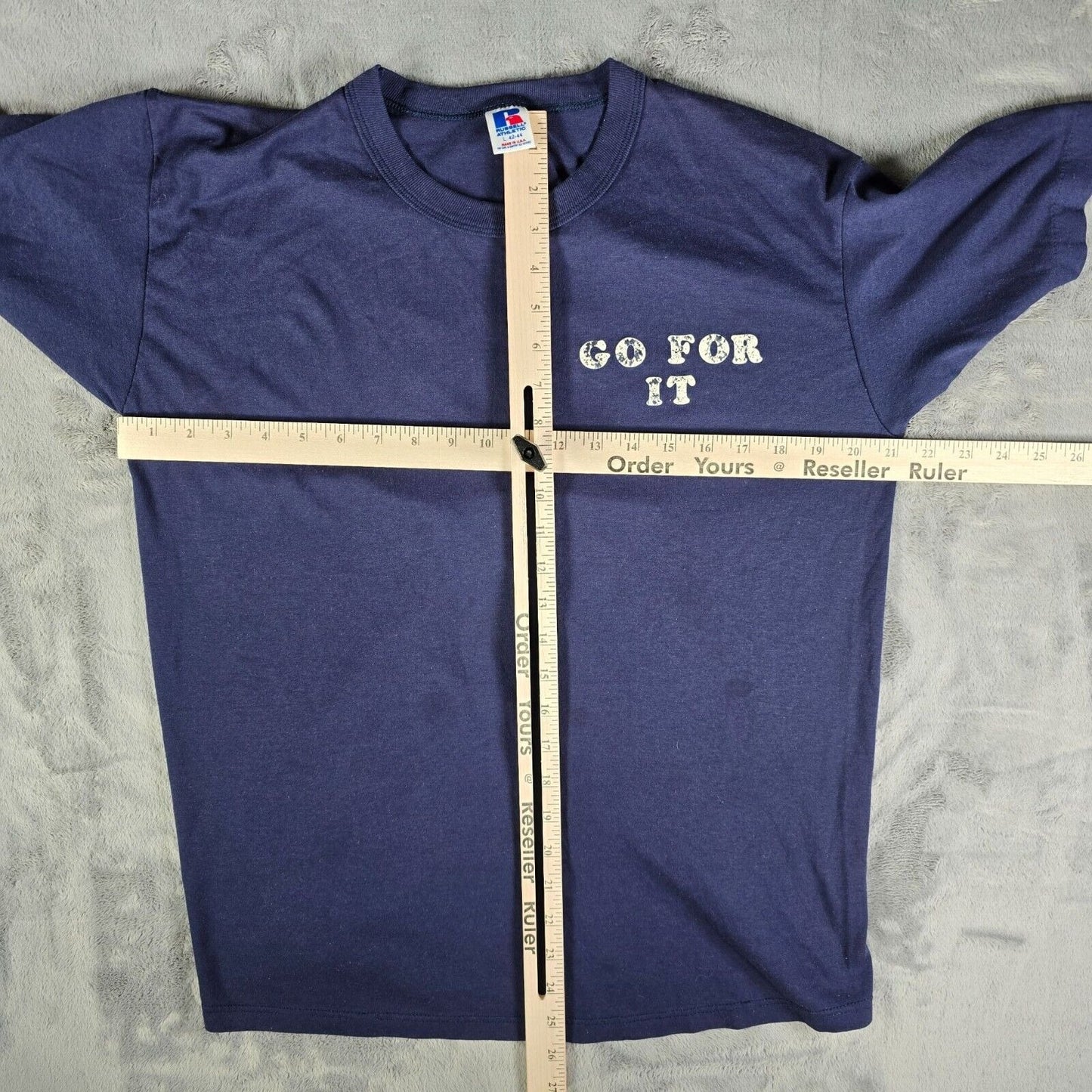Vintage 1980s Russell Athletic "Go For It" & "Dunk Tank Wanda" Navy T-Shirt (L)
