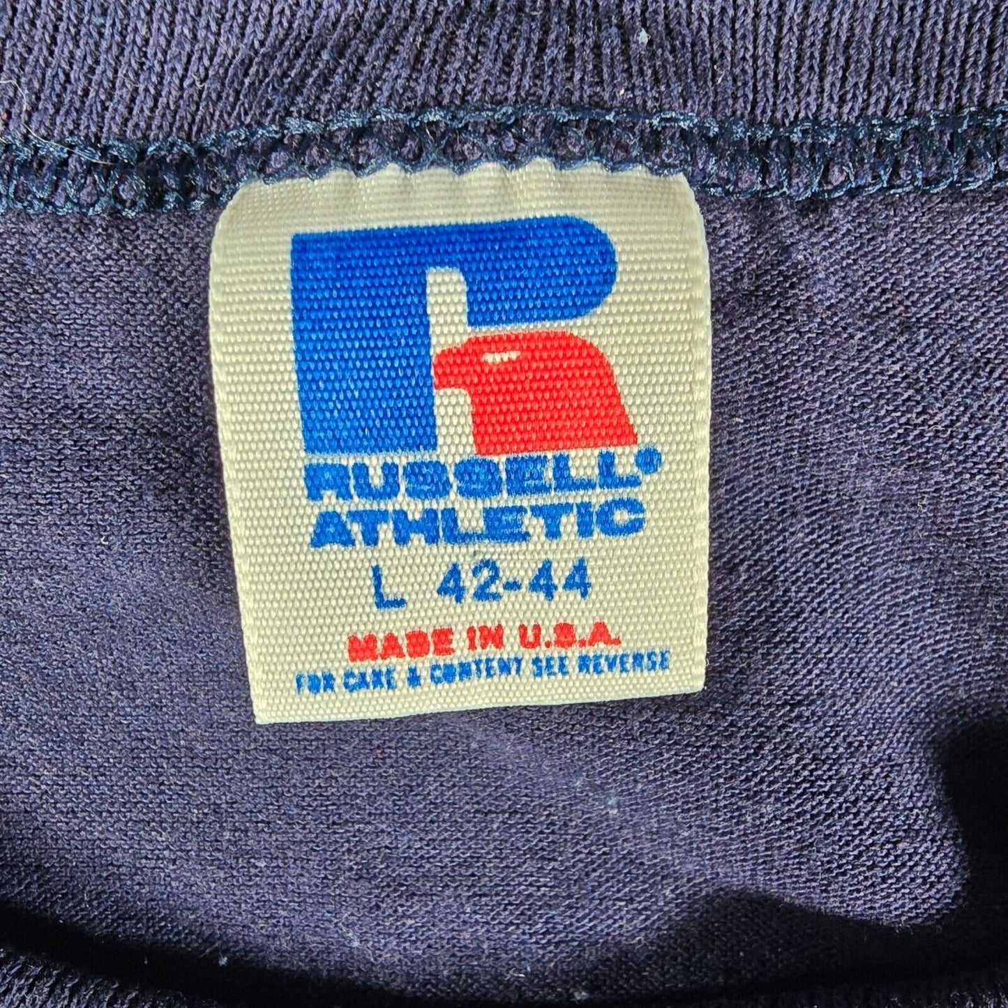 Vintage 1980s Russell Athletic "Go For It" & "Dunk Tank Wanda" Navy T-Shirt (L)