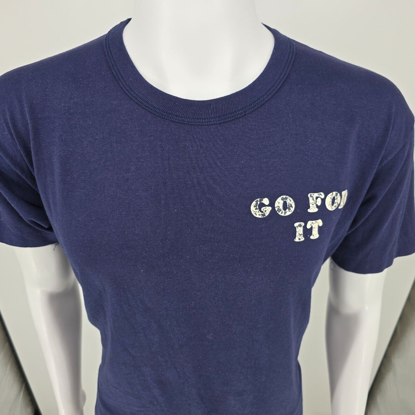 Vintage 1980s Russell Athletic "Go For It" & "Dunk Tank Wanda" Navy T-Shirt (L)