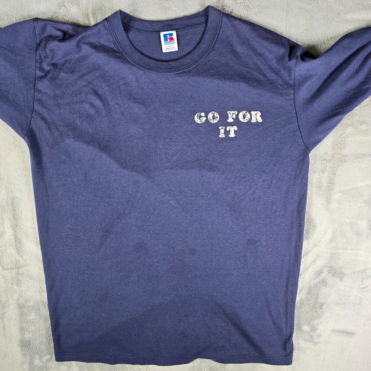 Vintage 1980s Russell Athletic "Go For It" & "Dunk Tank Wanda" Navy T-Shirt (L)