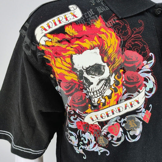 RARE Vintage Y2K Avirex "Legendary" Black Polo Shirt Skull & Flames Graphic (L)