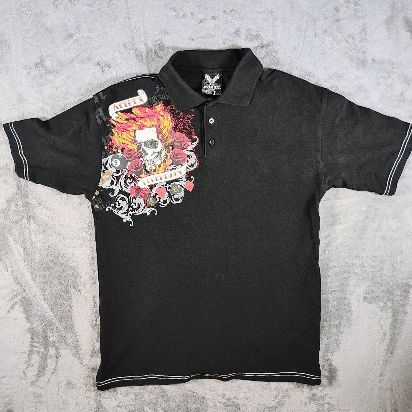 RARE Vintage Y2K Avirex "Legendary" Black Polo Shirt Skull & Flames Graphic (L)