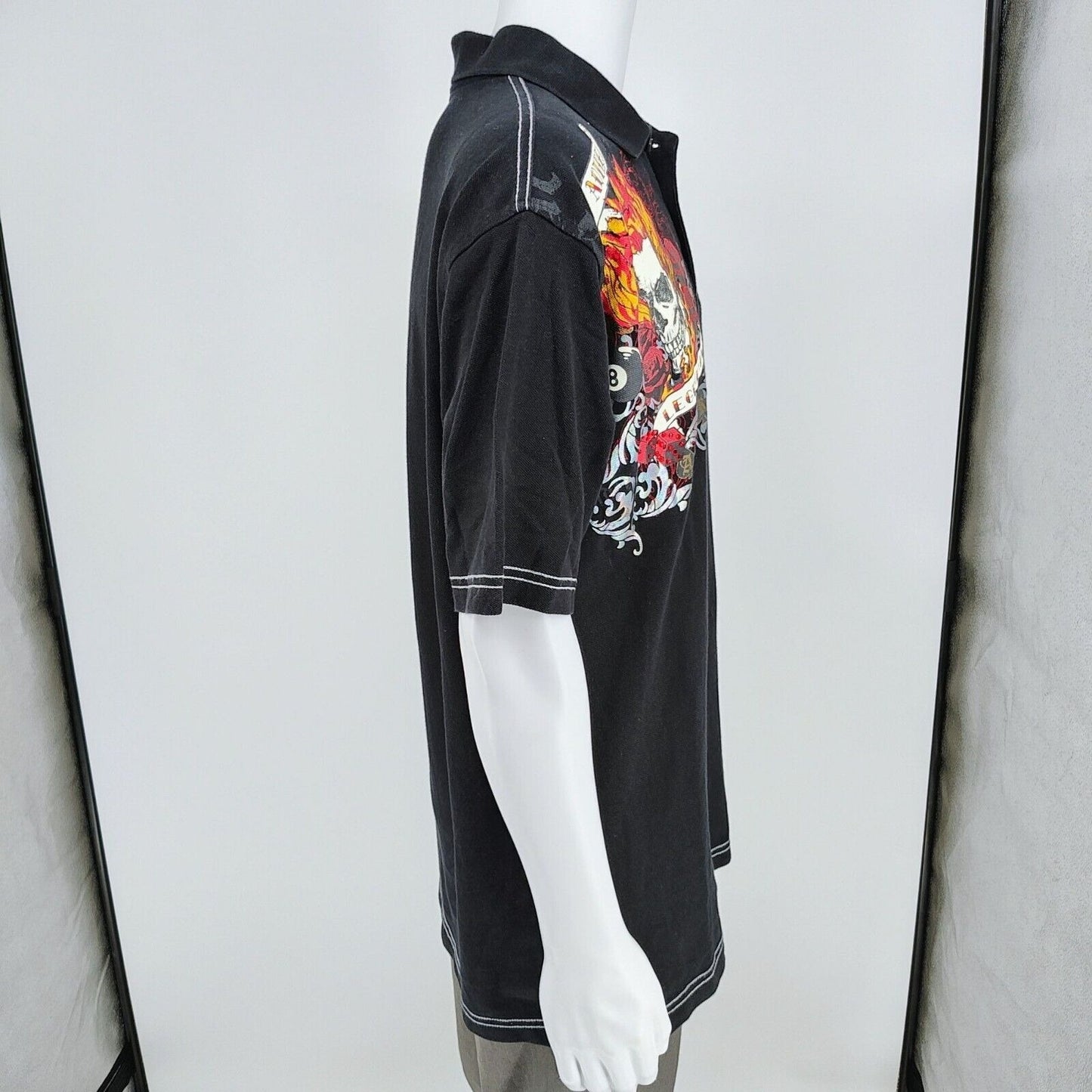 RARE Vintage Y2K Avirex "Legendary" Black Polo Shirt Skull & Flames Graphic (L)