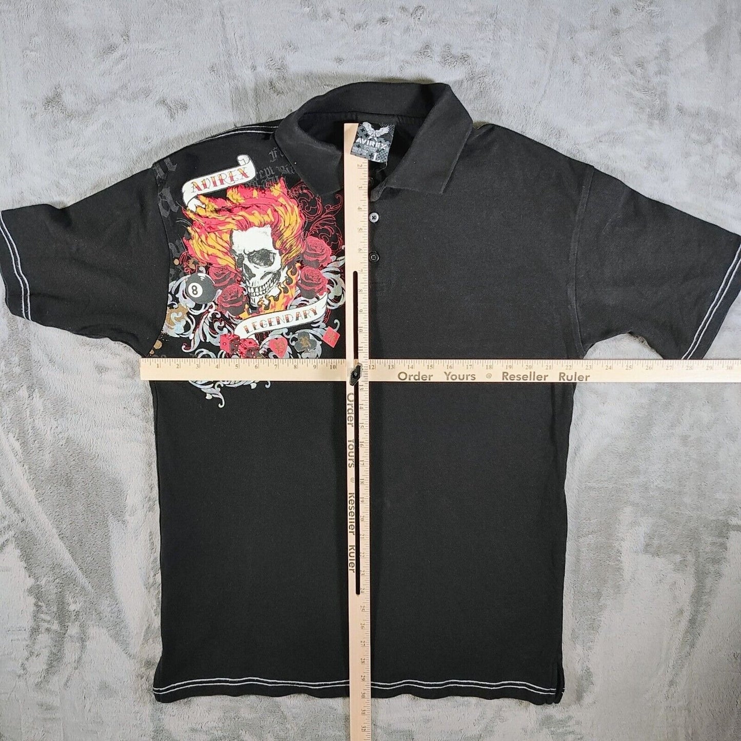 RARE Vintage Y2K Avirex "Legendary" Black Polo Shirt Skull & Flames Graphic (L)