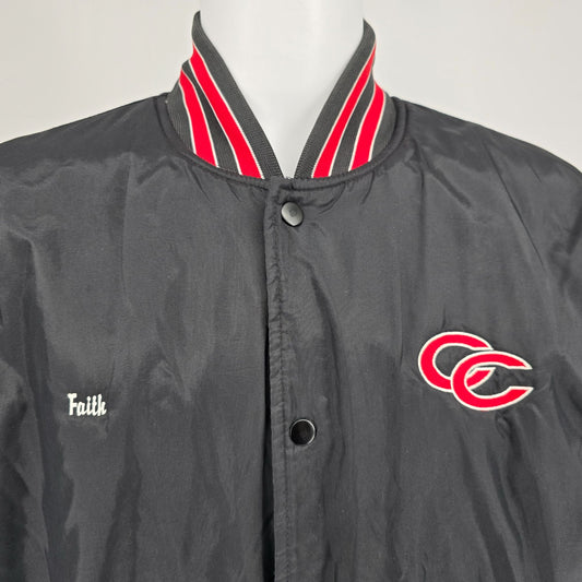 Vintage 2000s Catholic Central Raiders "Faith" Nylon Satin Bomber Jacket (L)