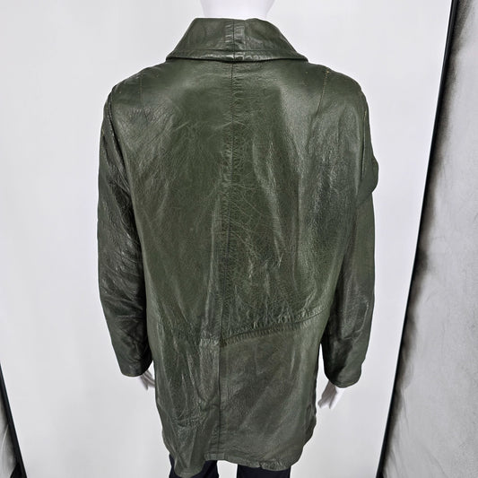 Vintage 1970s Unbranded Double-Breasted Green Leather Shawl Collar Car Coat (L)