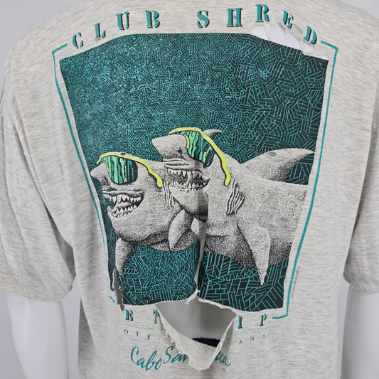 Thrashed Vintage 1990s Cabo San Lucas Club Shred Shark Surf Graphic T-Shirt (XL)