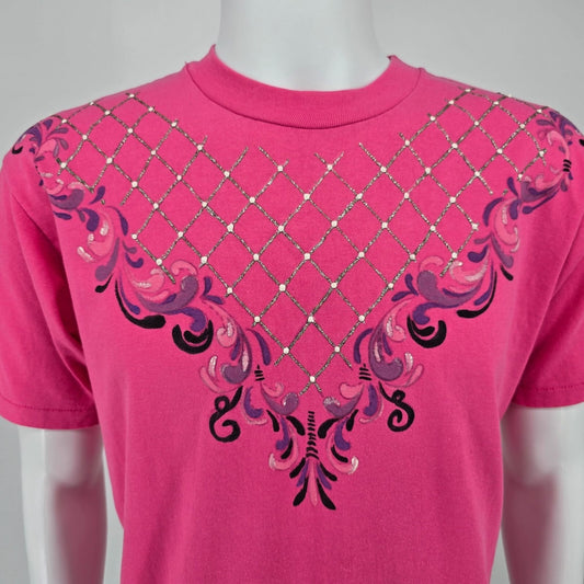 Vintage 1990s Hanes Embellished Glitter Yoke Baroque Scroll Design T-Shirt (M/L)