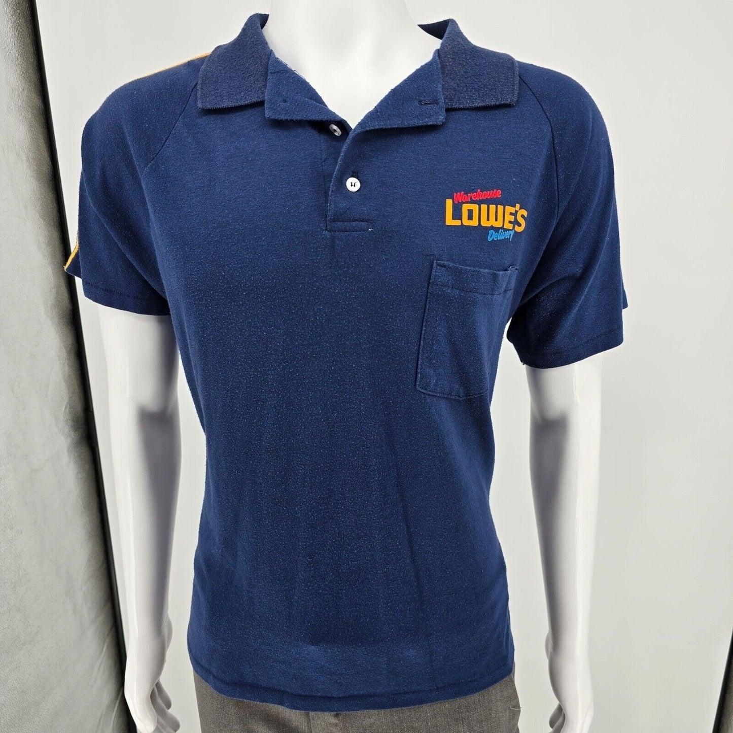 Vintage 1980s Blue Made in USA Lowe's Warehouse Delivery Polo Shirt (L)