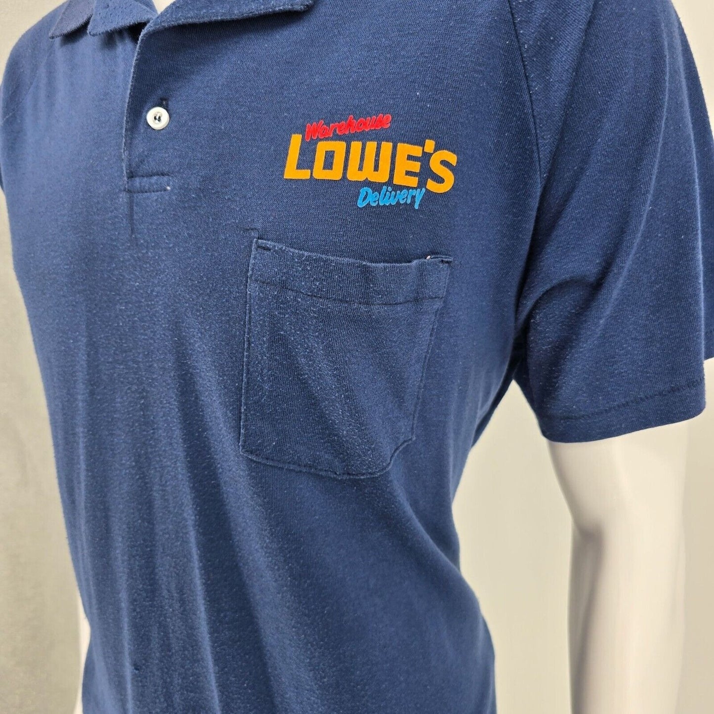 Vintage 1980s Blue Made in USA Lowe's Warehouse Delivery Polo Shirt (L)