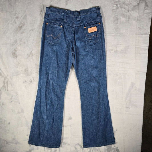 Vintage Early 1970s Wrangler Womens Blue Denim Flare Bell Bottom Jeans (31x30)