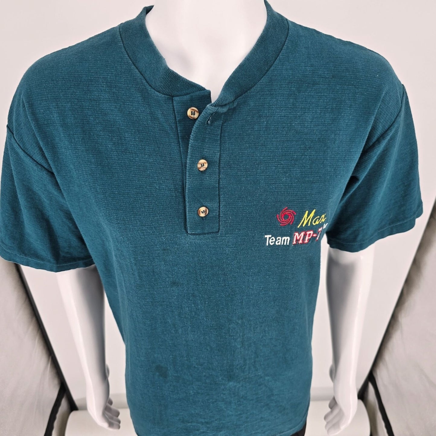 Vintage 1990s Oneita Heavyweight Max Team MP-7 Embroidered Henley T-Shirt (L/XL)