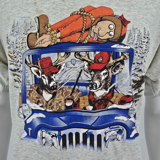 Distressed Vintage 1990s Deer Hunters Jeep Novelty Single Stitch T-Shirt (XL)