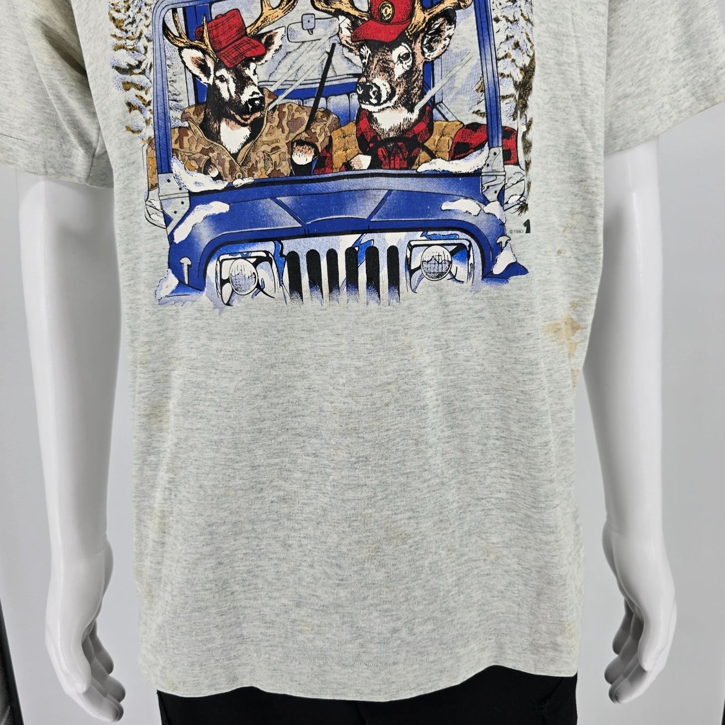 Distressed Vintage 1990s Deer Hunters Jeep Novelty Single Stitch T-Shirt (XL)