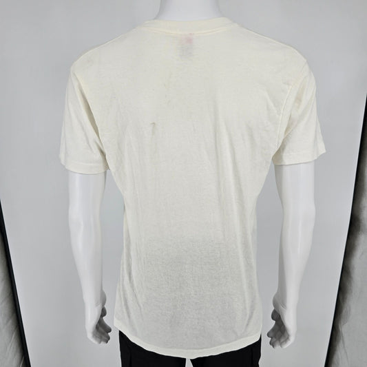 Vintage 1990s Hanes Blank White Single Stitch V-Neck Cotton T-Shirt (M)